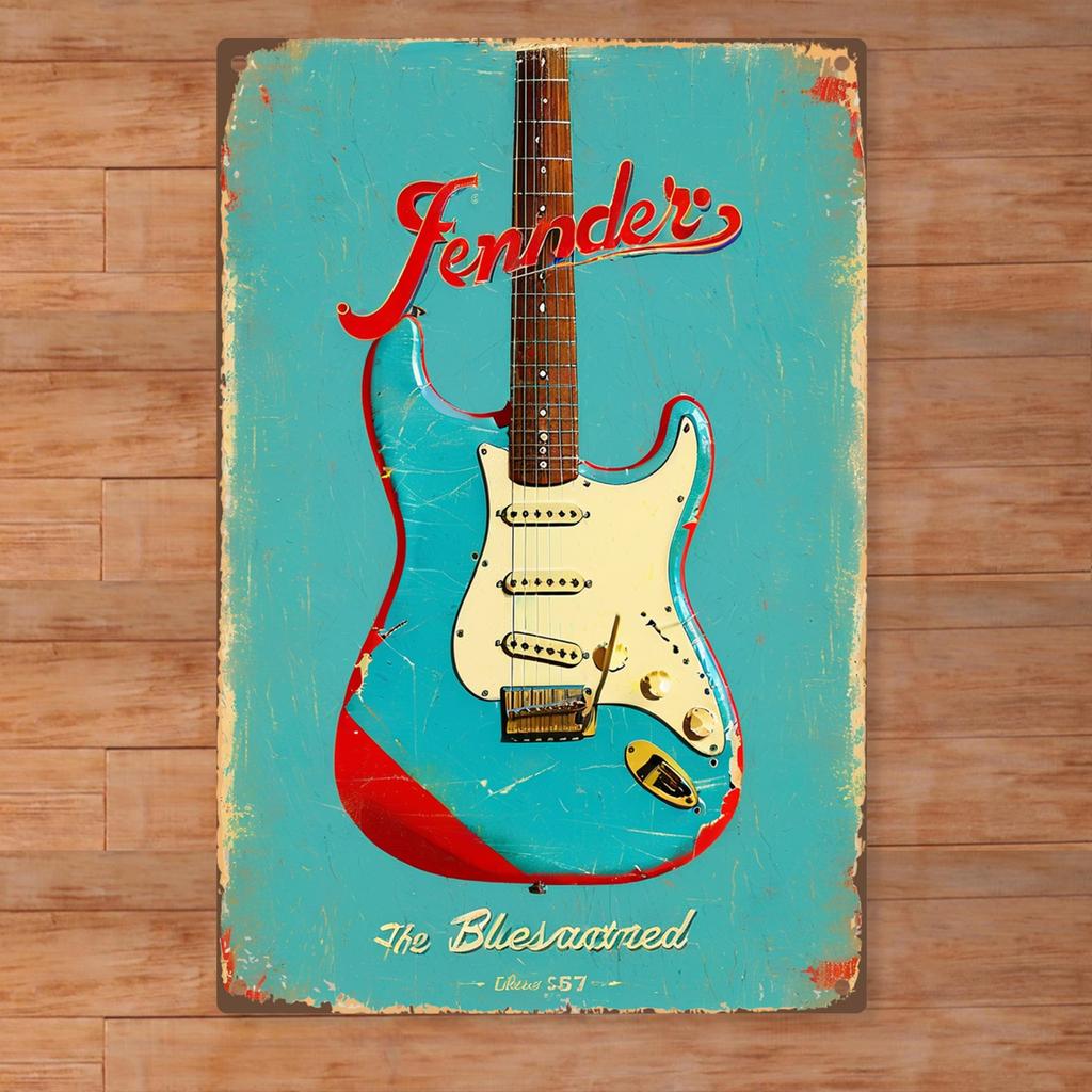 Металлический настенный декор для гитары - Ретро постер с дизайном "Fender" и "The Bluesastred", Прочный железный декор для дома в помещении/на улице для Му