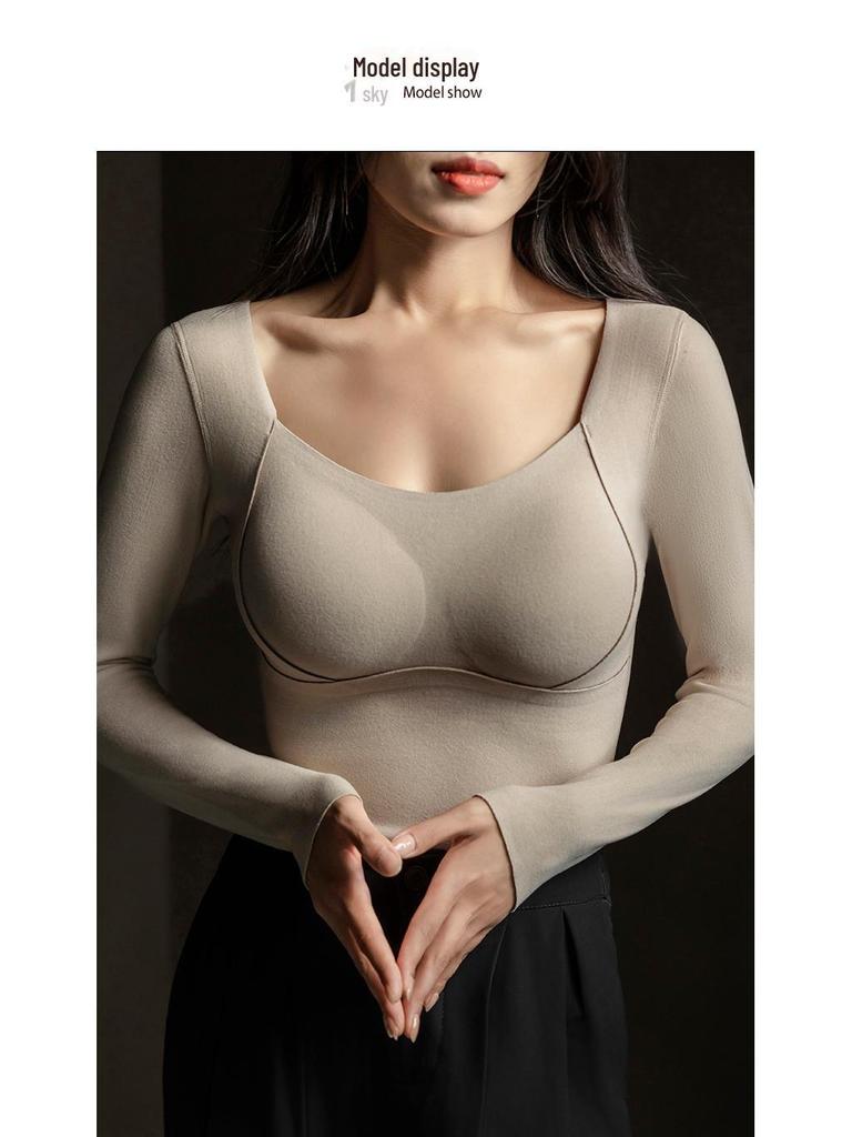 Graphene Long-Sleeve Warm Bottoming Shirt with Chest Pad - Seamless Fixed Cup Inner Top for Women (Autumn/Winter)