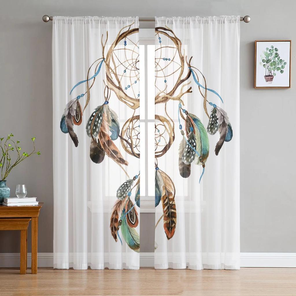 Dream Catcher Watercolor Feather Pattern Modern Tulle Curtains for Living Room Bedroom Home Kitchen Window Sheer Curtains