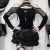AltGoth Mall Gothic Sexy T-shirt Women Streetwear Harajuku Y2k E-girl Mesh Patchwork Hollow Out Long Sleeve Halter Crop Tee Tops