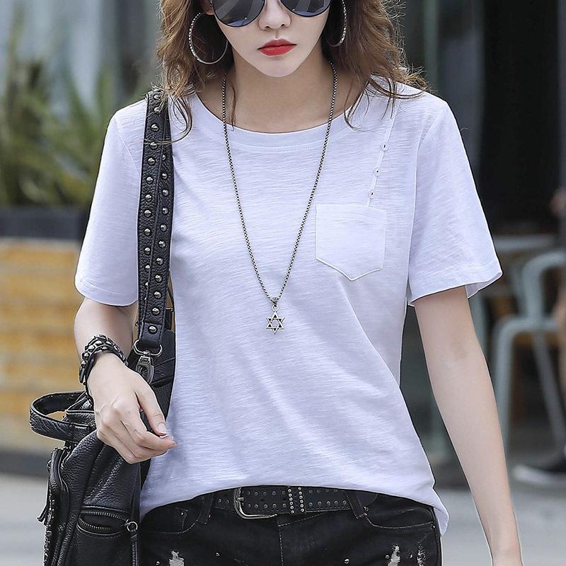 Летние женские футболки, свободные футболки с короткими рукавами, белая женская футболка с одним карманом, женская одежда, однотонные блузы