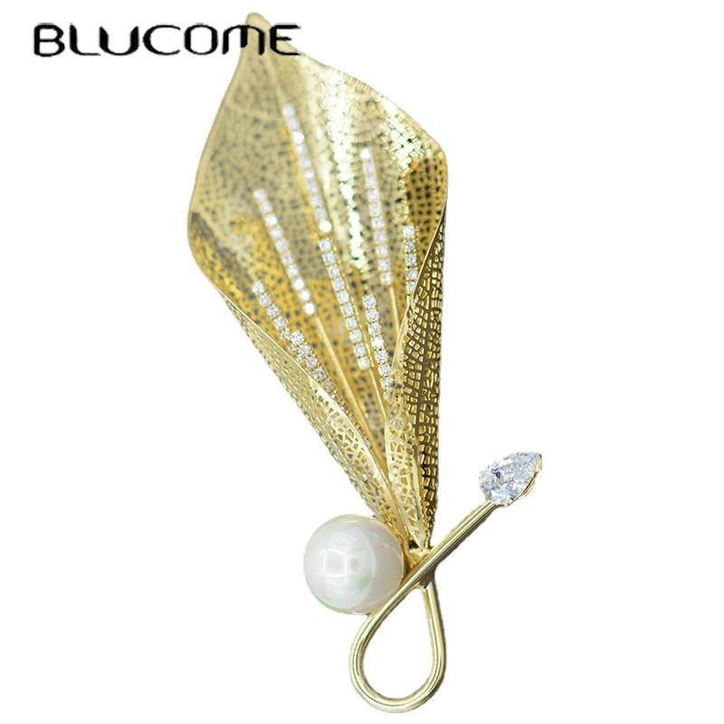Blucome Quality Copper Flower Pearl Brooch for Women Men Suit Scarf Pins