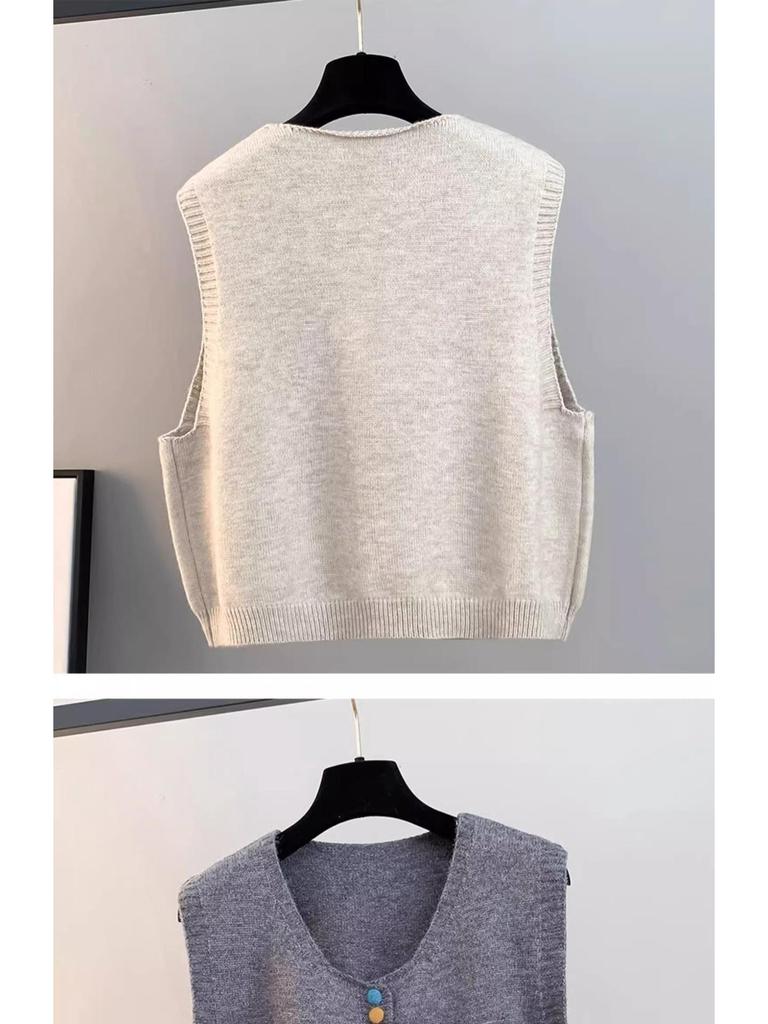 Женский вязаный кардиган-жилет с V-образным вырезом 2025 - Без рукавов, Свободный крой для весны и осени