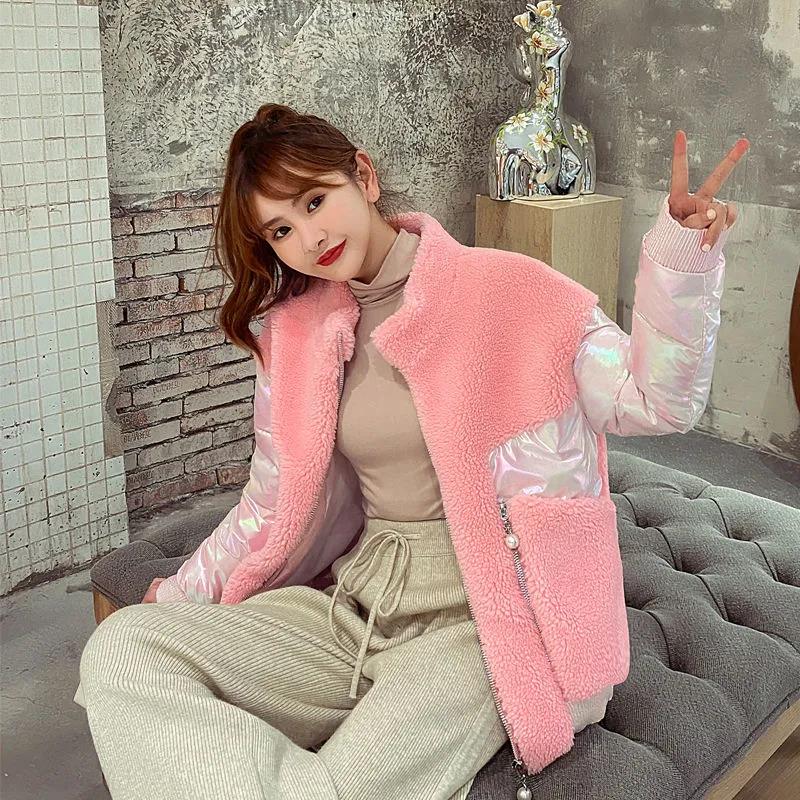 New Fashion Autumn Winter Women's Short Glossy Stand-up Collar Lamb Wool Stitching Down Cotton Jacket Pure Color Zipper Cotton Jacket
