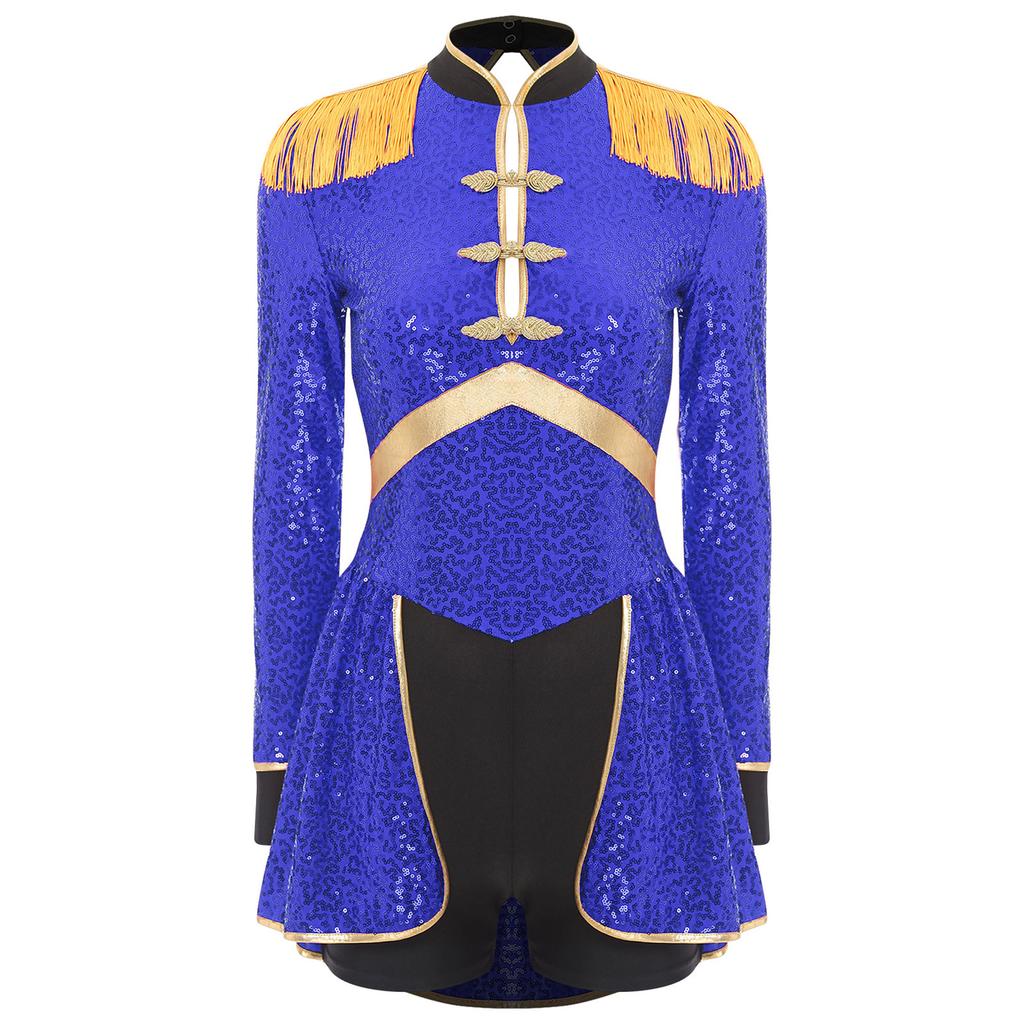 Women Circus Magician Cosplay Bodysuit Long Sleeve Sequins Fringe Epaulet Ringmaster Drummer Halloween Costume
