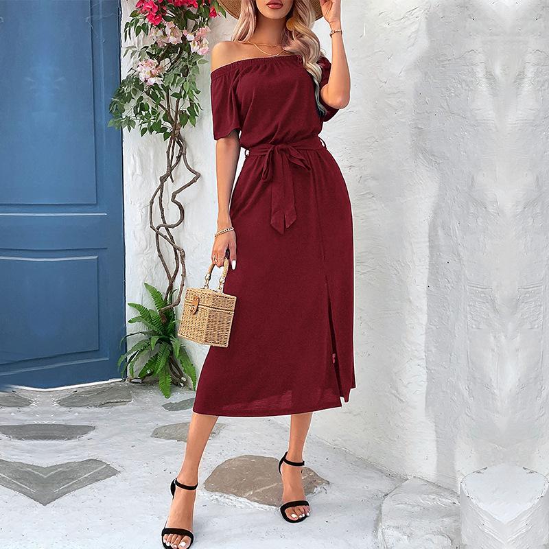 Amazon Independent Station Cross-border Summer New European and American Women's Clothing Off-Shoulder Short Sleeve One-Neck Split Dress
