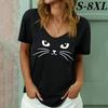 S-8XL Плюс Размер Модная женская футболка Женская 3D Кошки Принт Черная футболка с V-образным вырезом Женская одежда Большие летние топы Футболки