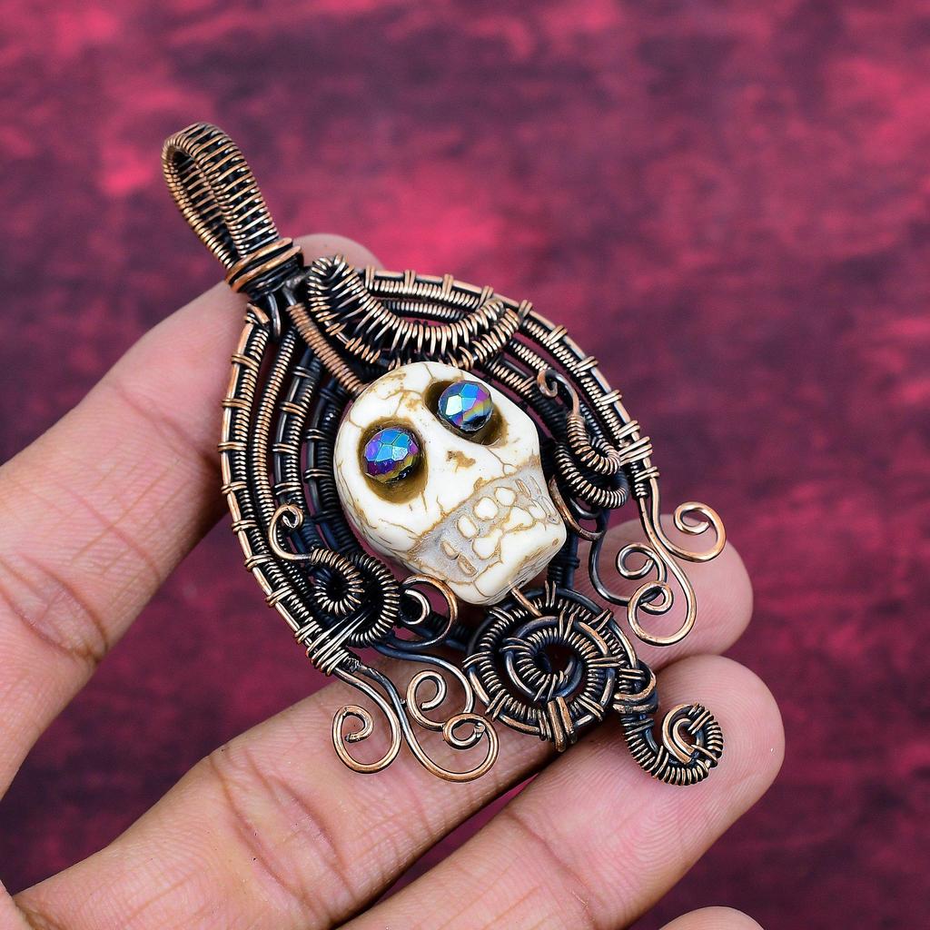 Howlite Copper Wire Wrapped Pendant Titanium Bead Eyes Jewelry Skull Bone Face Pendant