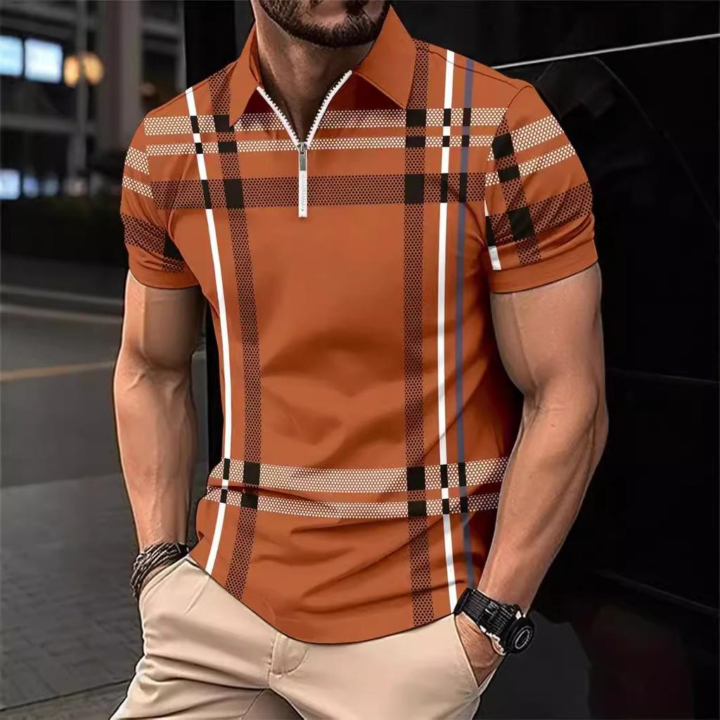 Клетчатая 3D-печатная рубашка поло с короткими рукавами для мужчин, повседневная рубашка с лацканами