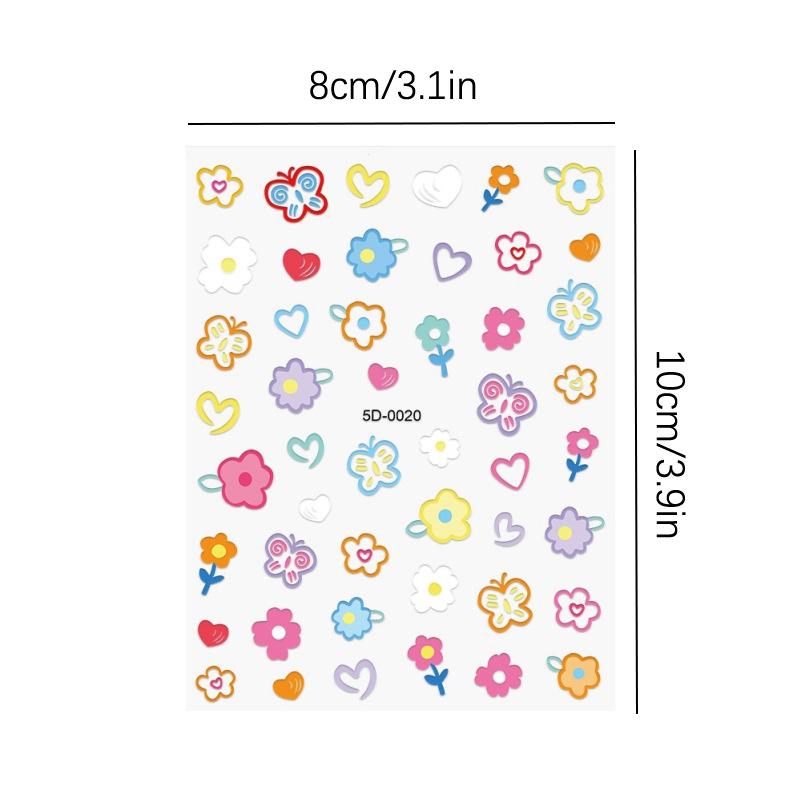 Dopamine Colored Relief Nail Stickers Cartoon Line Flower Pink Sweet Style Cute Nail Sticker Nail Art Diy Decoration