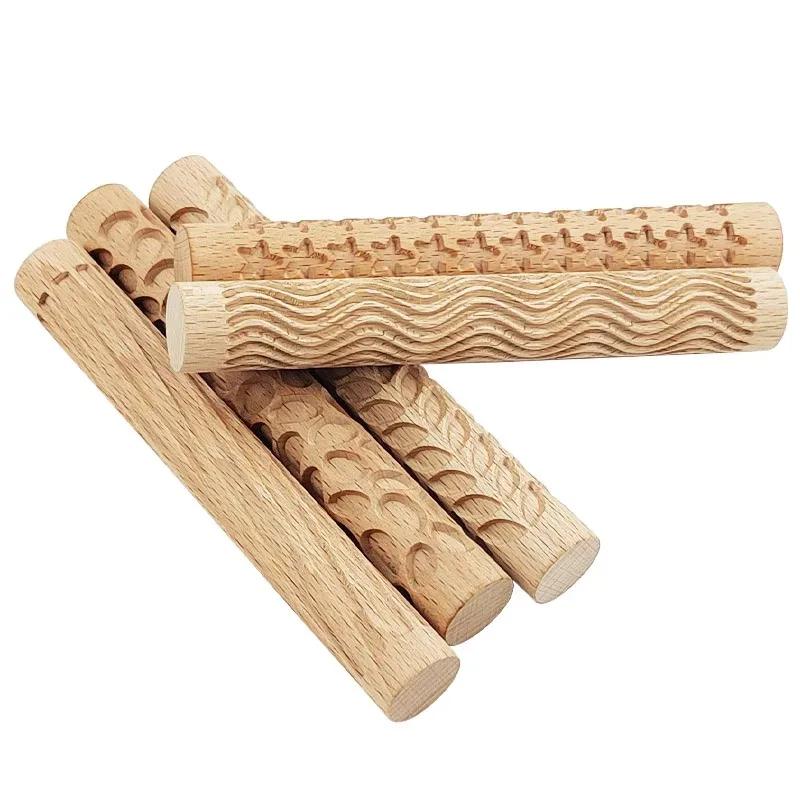 1pc Wooden Texture Rolling Pin Ceramic Pottery Art Embossed Rod Flower Pattern Mud Roll Roll Reliefs DIY Clay Craft Tool