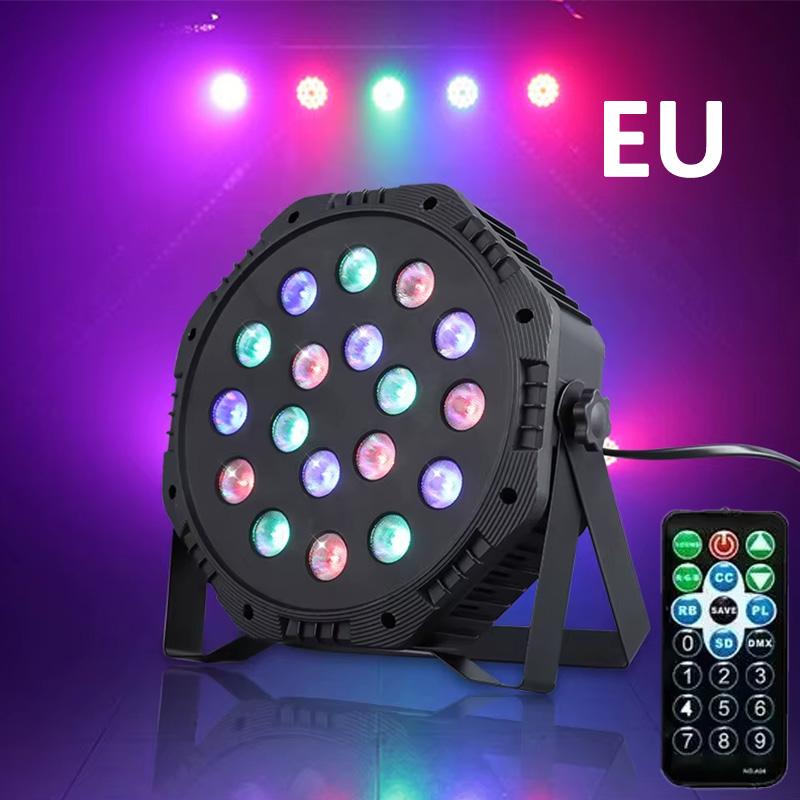 18 светодиодных RGB сценических светильников DMX512 со звуковым управлением и стробоскопической лампой для дискотек с вилкой ЕС/США для диджеев, свадеб, баров, клубов, рождественских вечеринок, освещения, декора