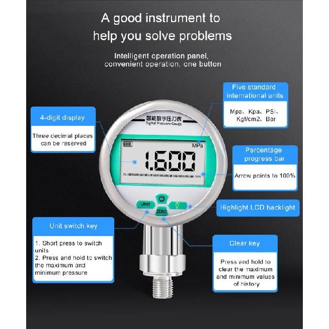 Battery Powered Stainless Steel Intelligent Digital Display Pressure Gauge High-precision Water Air Vacuum Pressure Meter