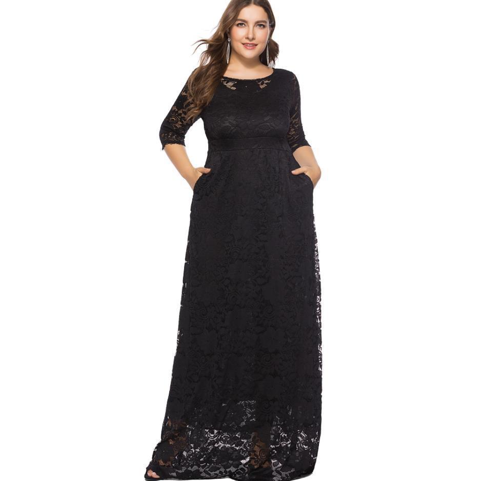 Плюс Размер Xl-6xl Весна Осень Полое Кружевное Платье Европейские Высококачественные Вечерние Женские Белые Черные Платья