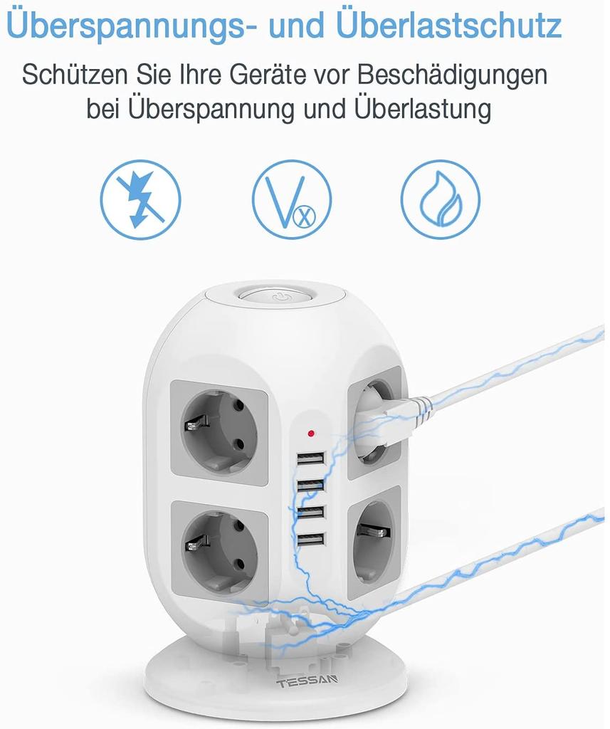 Tessan Многофункциональный удлинитель Tower, вертикальная вилка европейского стандарта, 8 розеток с 4 USB-портами, сетевой фильтр, защита от перегрузки, удлинитель 2 м
