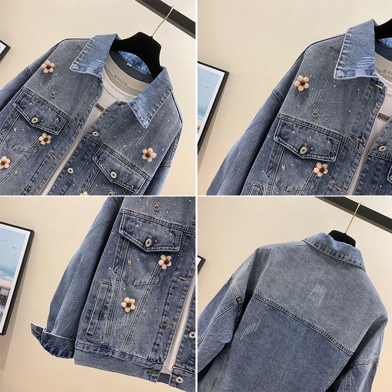Spring Denim Coat Women's Wool Flower Vintage Hot Diamond Denim Jacket Short Work Top