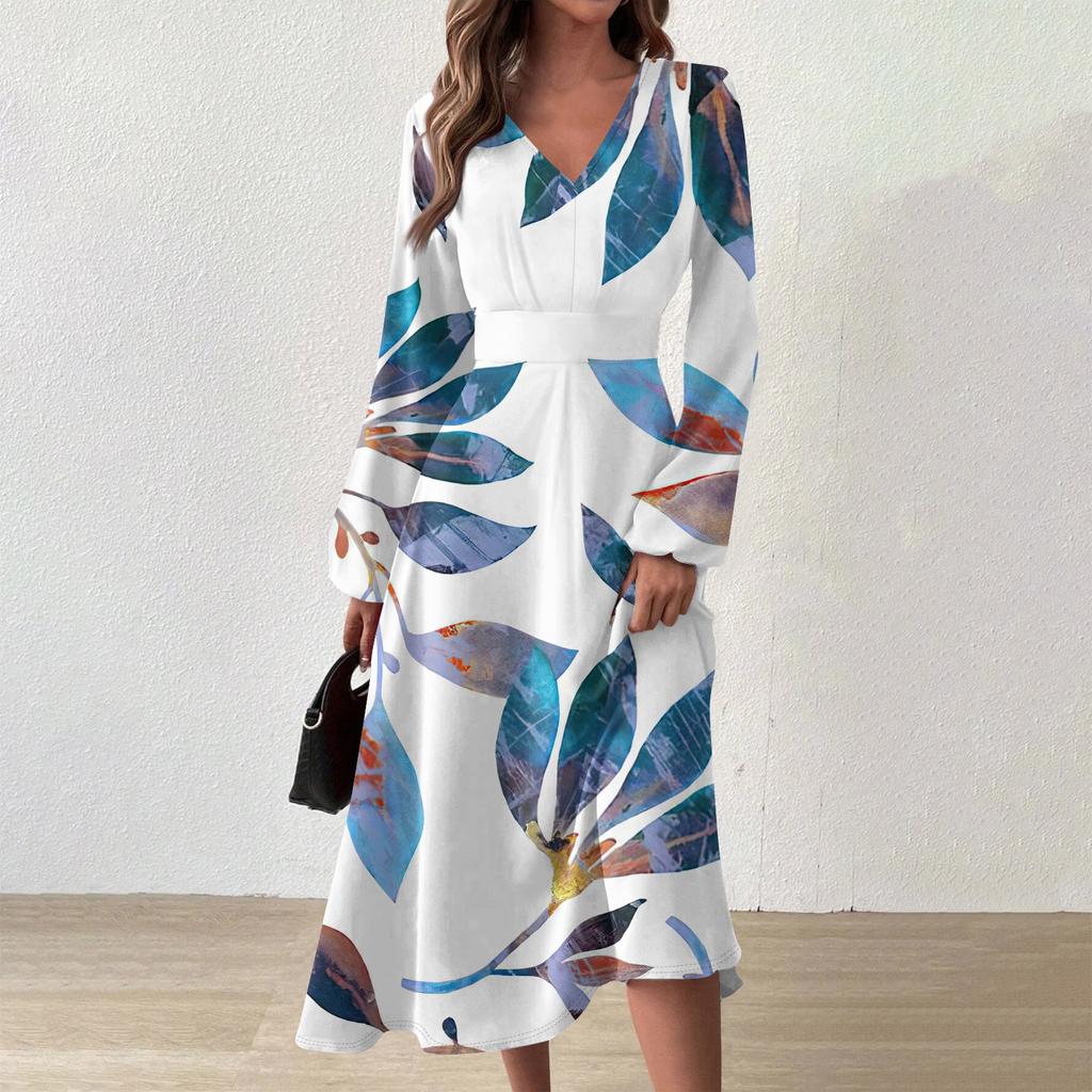 Женское осенне-зимнее повседневное модное длинное платье с v-образным вырезом и длинным рукавом с принтом дефолиации