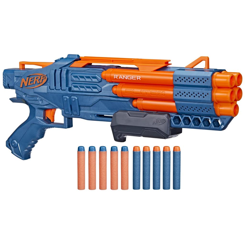 Ручной бластер Hasbro Nerf Elite Ranger стреляет из ствола, вмещающего 5 патронов, в комплекте 10 официальных настраиваемых губчатых дротиковых насосов Nerf Elite F4186