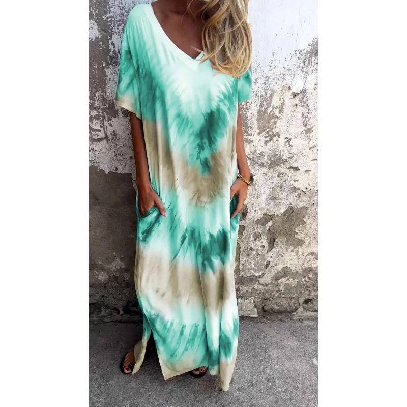 YYFS Women's Fashion Summer Spring Colour Block Print Short Sleeve V-Neck Loose Waistline Casual Dresses