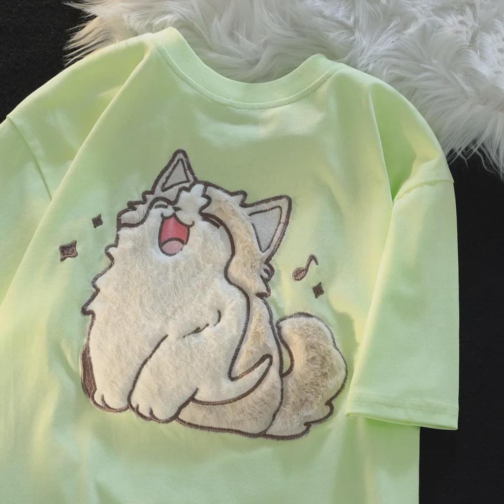 Футболка унисекс с милым японским котом в студенческом стиле - короткие рукава, универсальная летняя одежда