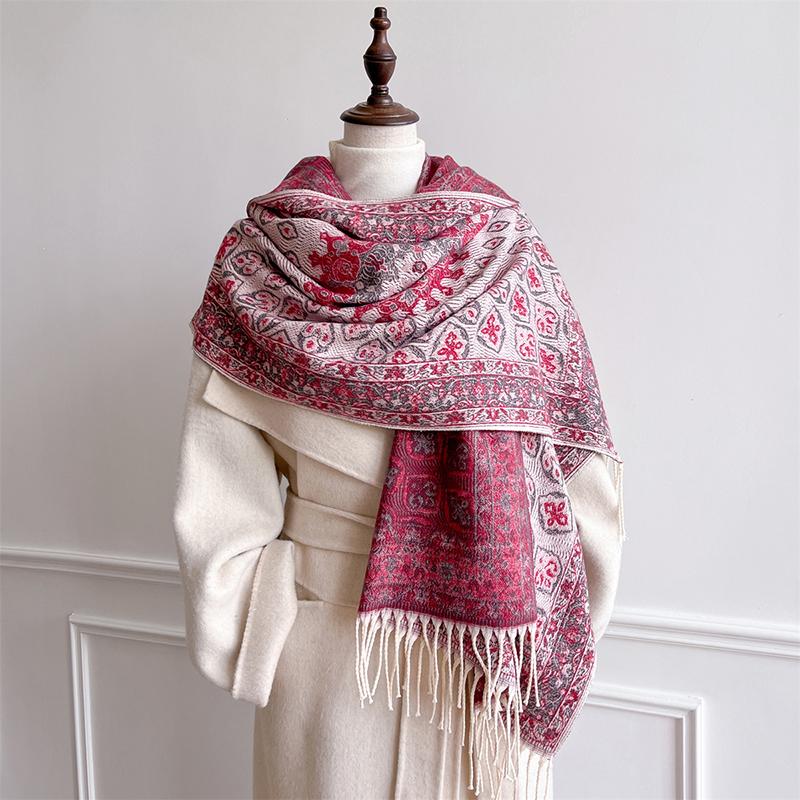 Autumn Winter Luxury Women Scarves 180*65Cm Men Thick Warm Scarf Flower Pattern Tassel Shawl Cashmere Imitation Poncho Stole