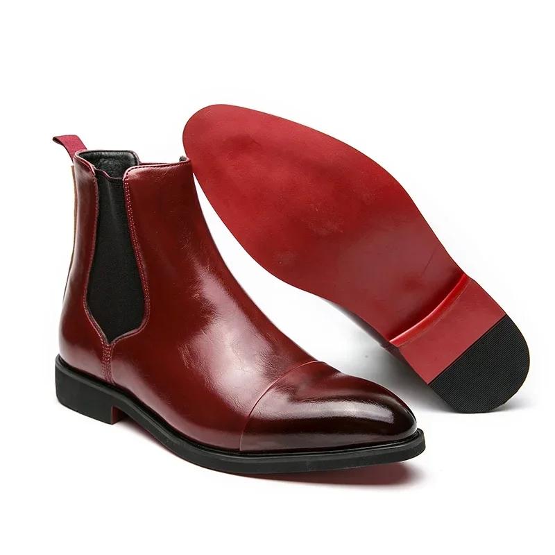 Chelsea Boots for Men Red Sole Pu Ankle Business Round Toe Slip-On Mens Boots Size 38-46 Men Shoes