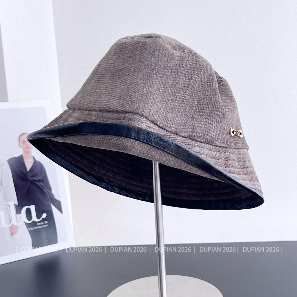 Leather brim hemming retro short brim bucket hat women's autumn elegant versatile basin hat vacation travel sunscreen bucket hat