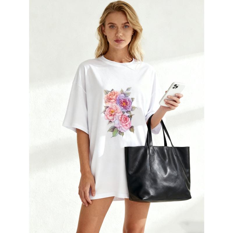 Black Oversized T Shirt With Floral Rose Print For Casual Wear