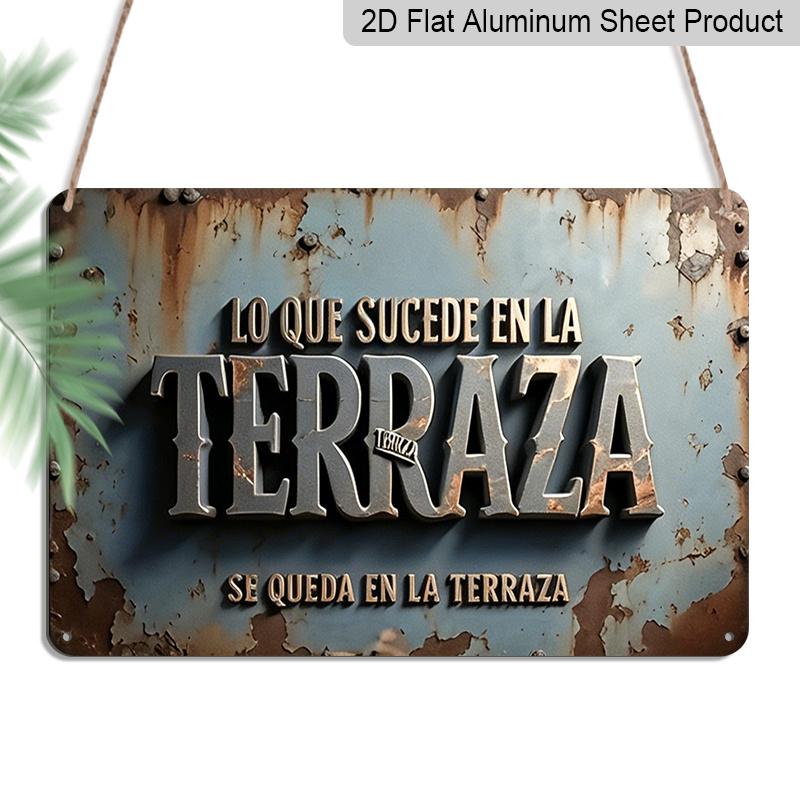 2D Flat, 1pc Vintage Spanish Terraza Plaque - Rustic Patio Decor Sign with Spanish Text, Dark Teal & Rust Colors - Aluminium Wall Hanging Decoration