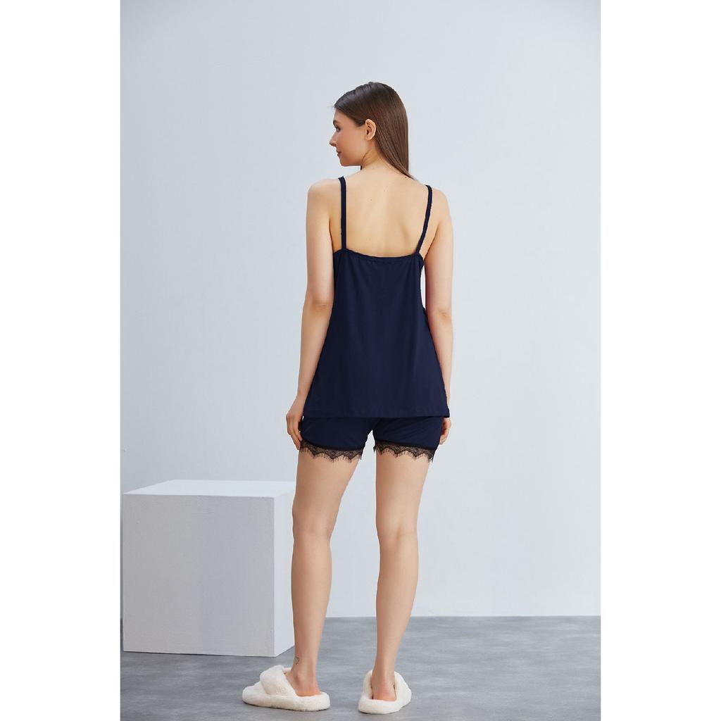 Viscose Knitted Shorts Rope Strap Lace Pajama Set Black