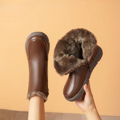 Зимние женские кожаные сноубутсы на толстой подошве с круглым носком и флисовой подкладкой, водонепроницаемые, модные 2025, женская обувь, плюшевые, теплые, трендовые ботинки