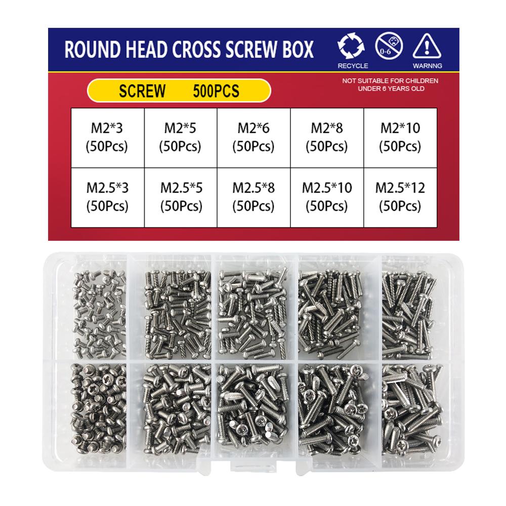 M1 M1.2 M1.4 M1.6 M2.5 M3 Metric Thread Machine Bolt Phillips Round Head Cross Screw Box Set 304 Stainless Steel Assortment Kit
