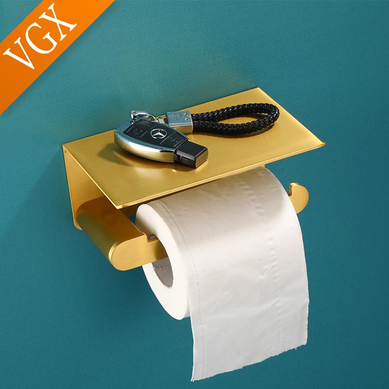 Держатель туалетной бумаги VGX с полкой для телефона, стойка для рулонов туалетной бумаги без проколов, настенное крепление, аксессуары, фурнитура, матовый черный, белый