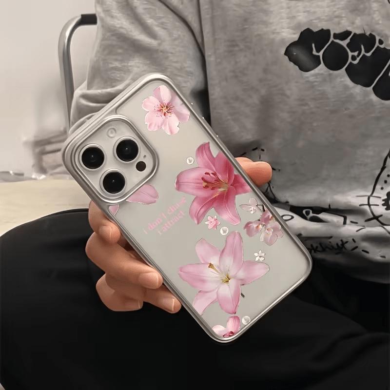 Розовый чехол для iPhone 17, мягкий, с серебристой рамкой, 15 цветочных дизайнов, подходит для 16 Pro Max и 14 Pro.