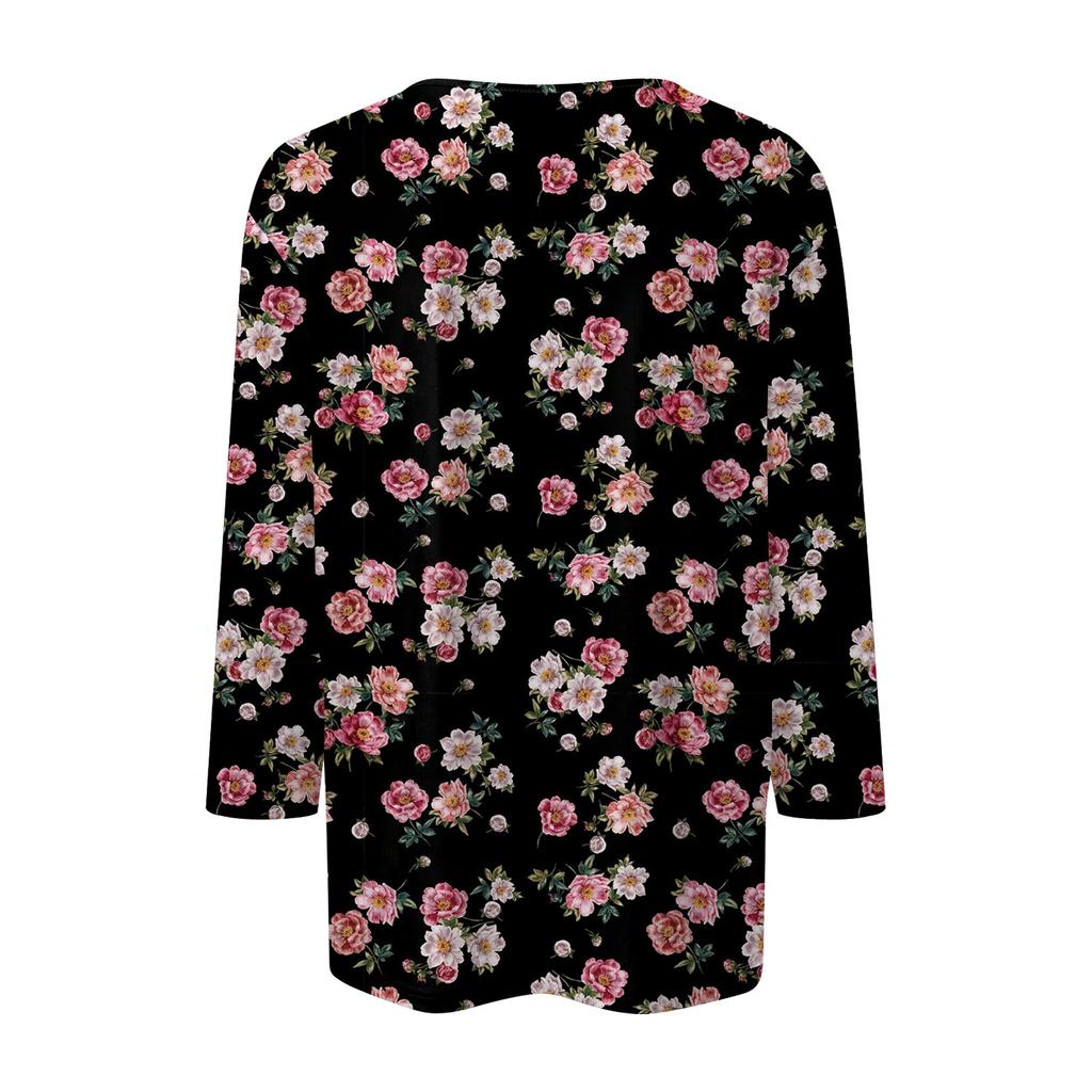 3/4 Sleeve Shirts For Women Cute Flowers Print Graphic Tees Blouses Casual Plus Size Basic Tops Pullover