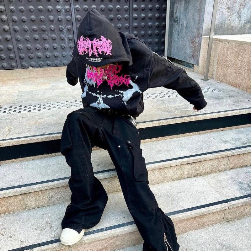 European and American Street Hip Hop Design Printed Zipper Hoodie for Men and Women