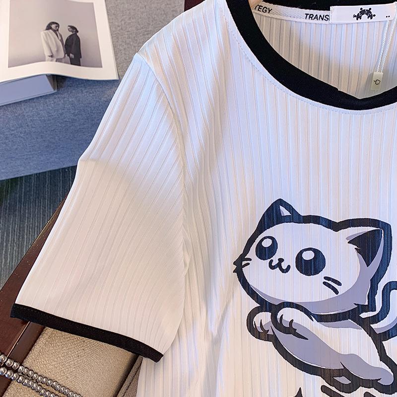 Женская летняя футболка из ледяного шелка больших размеров, топы с короткими рукавами и принтом кота, свободные и тонкие с положительным плечом и круглым вырезом
