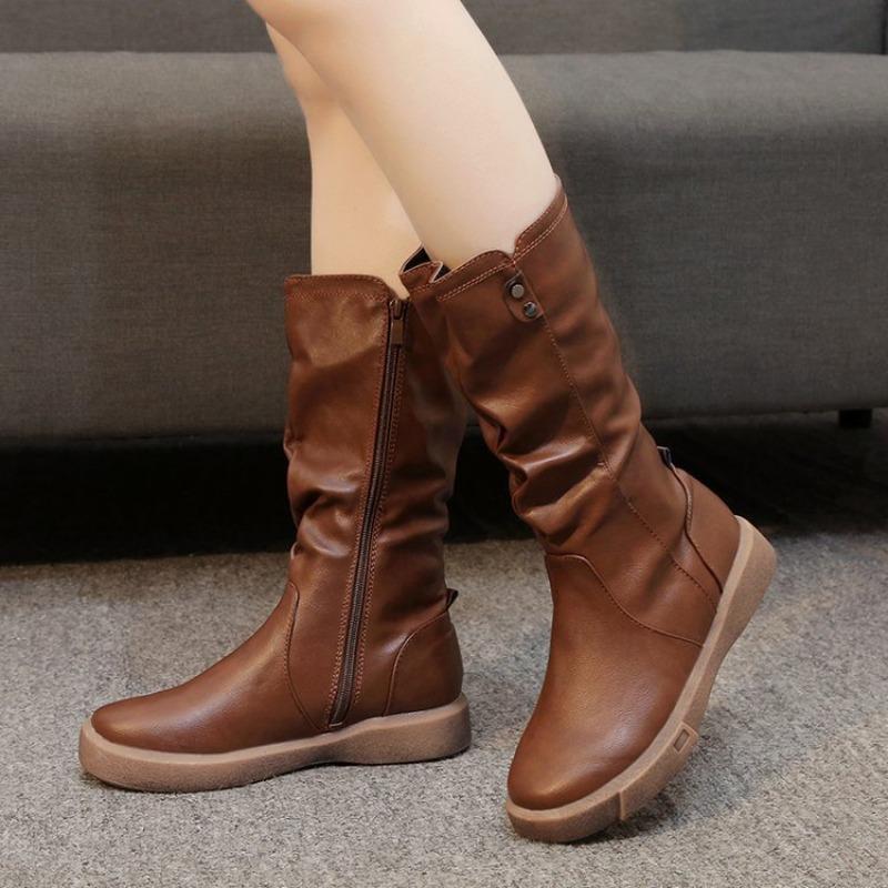 Tall Tube Autumn and Winter Velvet Warm Women's Medium Tube Boots Slim Martin Boots Casual Knight Boots Women
