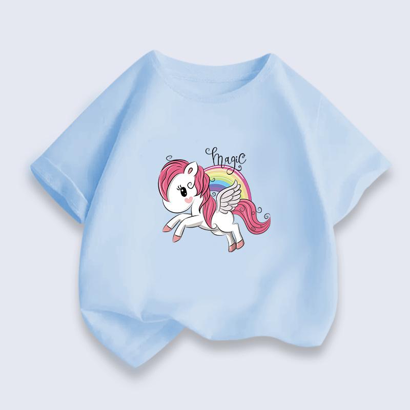 Pure Cotton Breathable Children's T-shirt 2026 Summer New Rainbow Pony Print Casual Parent-child Outfit for Boys and Girls