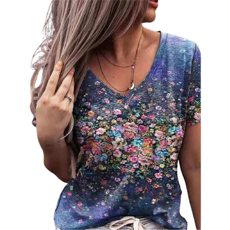 5XL летняя футболка большого размера с цветочным принтом, женская рубашка с коротким рукавом и 3D картой, модная повседневная женская рубашка с v-образным вырезом, свободный топ больших размеров 2021
