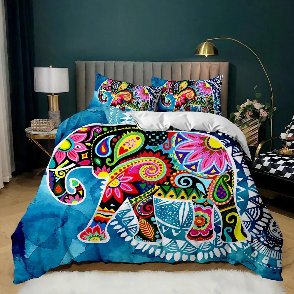 Boho Elephant Duvet Cover Set Bohemian Mandala Elephant Bedding Set Safari Animal Indian Exotic Queen King Polyester Quilt Cover