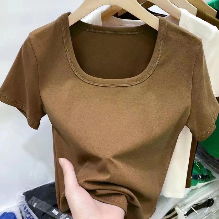Женская облегающая футболка с квадратным вырезом и короткими рукавами - Летняя тонкая, подчеркивающая фигуру, Чистый стиль, Однотонный модный топ