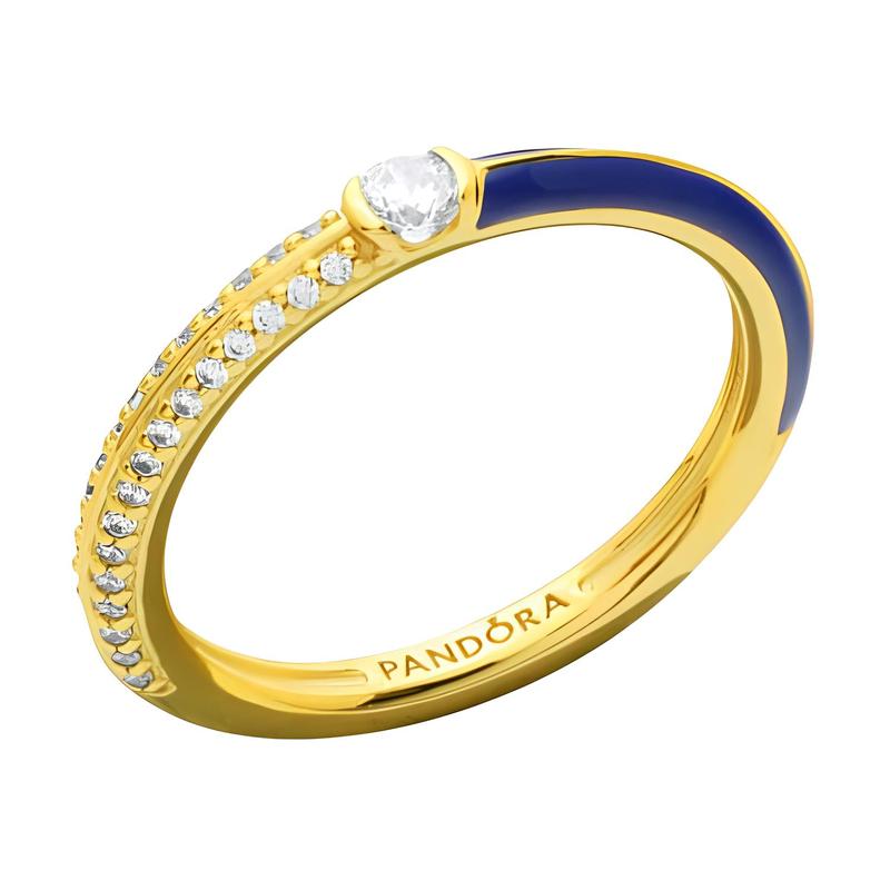 Pandora Pave design sterling silver 14k gold plated cubic zirconia ring men and women same style couple model blue 162528C01-BLUE