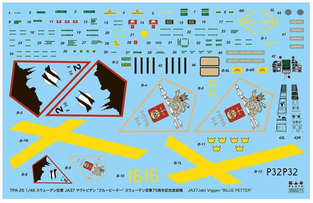 Масштабная модель Шведских ВВС JA37 Jaktviggen "Синий Петр" К 75-летию ВВС Пластиковый модельный набор PLATZ/Italeri 1/48 (Шведские самолеты) TPA-25