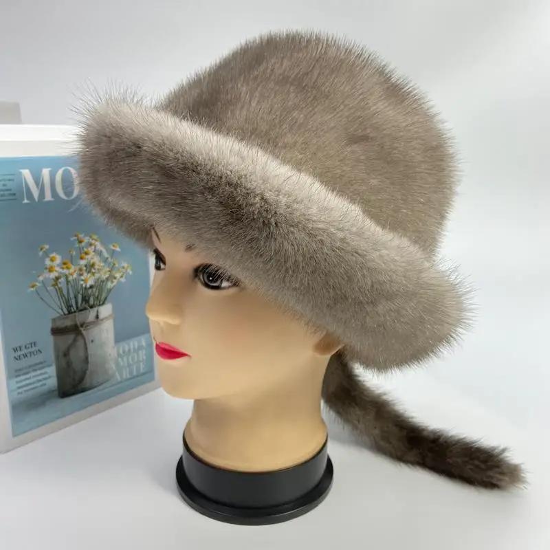 Warm Winter Real Snow Mink Fur Hat with Tail Russian Women Soviet Cap Penguine Hat Luxury Women's Winter Natural Fur Hat 2022