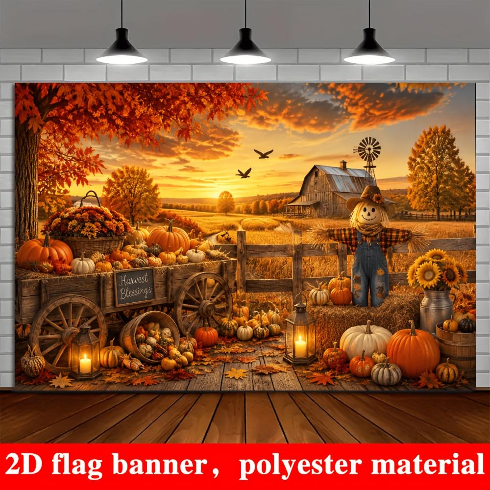 2D Flat Banner - 1 piece of background fabric. Autumn Harvest theme background fabric presenting the scene of a farm in autumn.