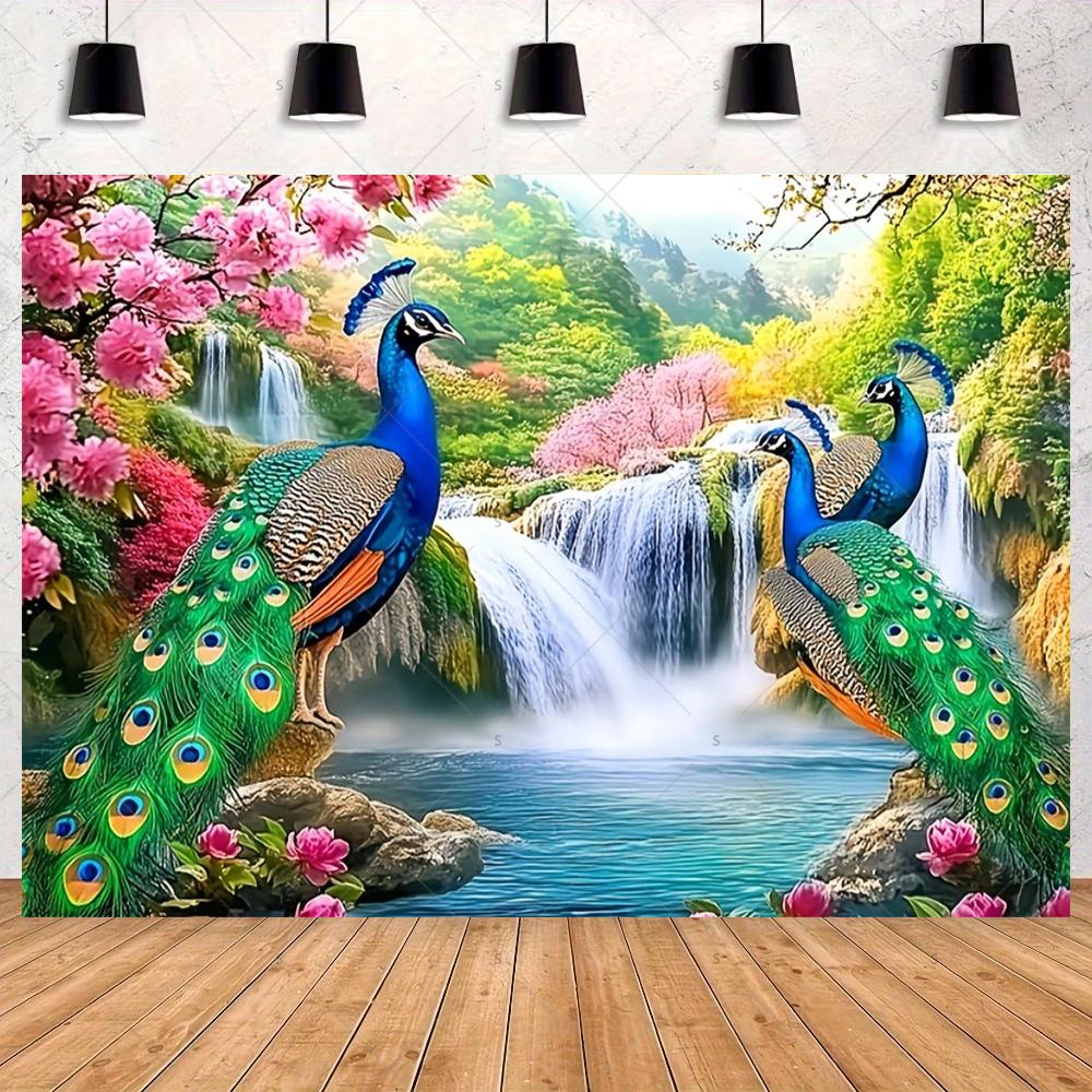 Peacock Theme Background Happy Birthday Flower Castle Waterfall Party Decor Backdrop Photography Studio Supplies Props Banner