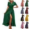 Women's Summer Fashion Sexy Comfortable Wrap Waist Maxi Dress V Neck Side Slit Casual Dress A-Line Long Short Sleeve Solid Color Dress