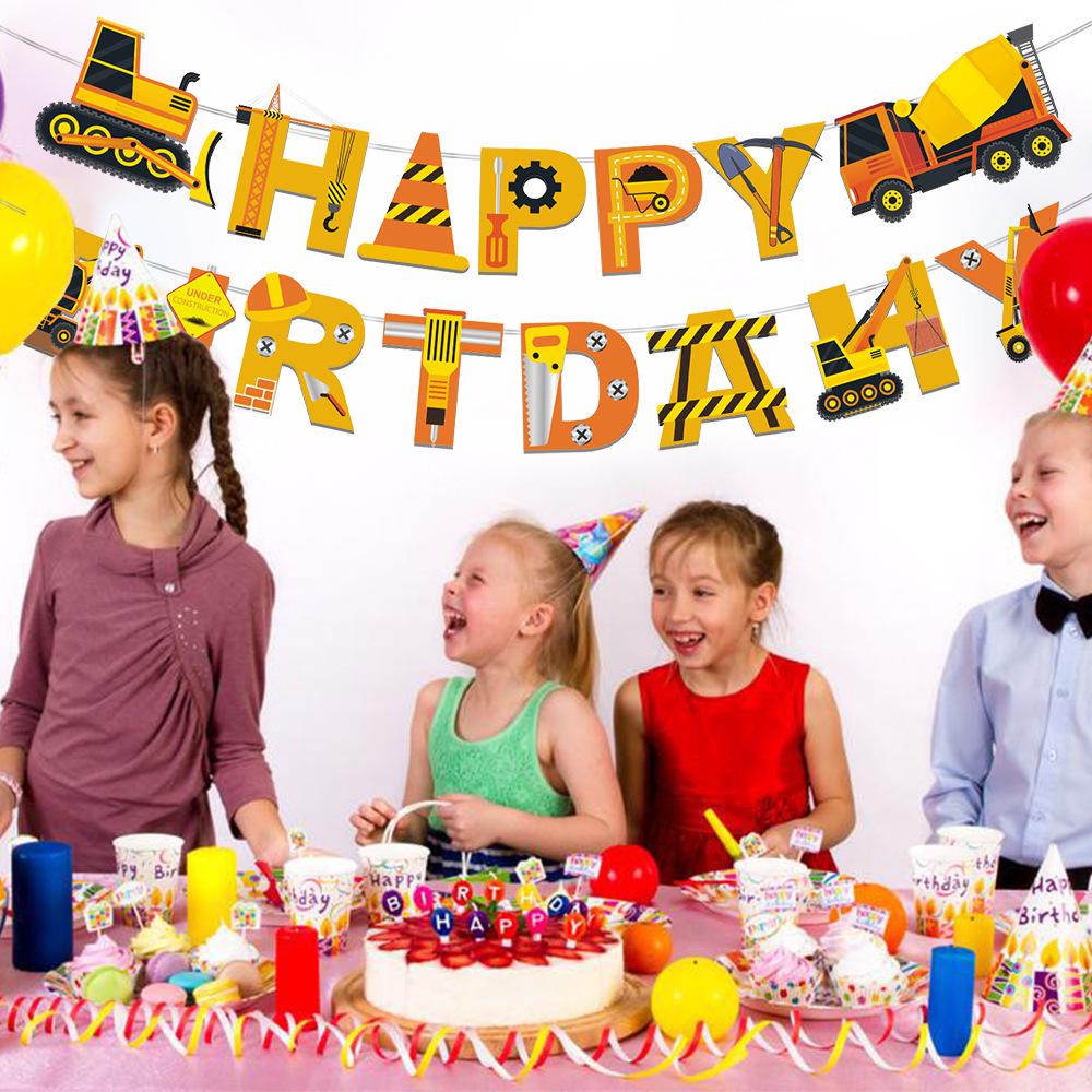 Баннер Пожарная машина-динозавр и Строительная техника - Украшение для вечеринки в мультяшном стиле