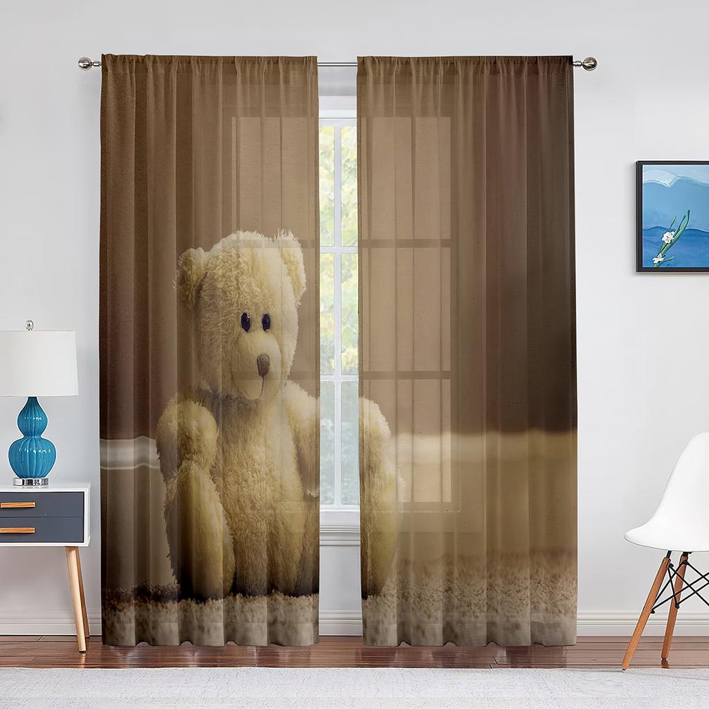 Семейные тюлевые шторы Happy Teddy Bears для кухни, гостиной, спальни, прозрачный шифон, прозрачная оконная занавеска из вуали